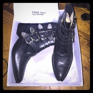 Toga Pulla black leather 4 metal buckle boots.