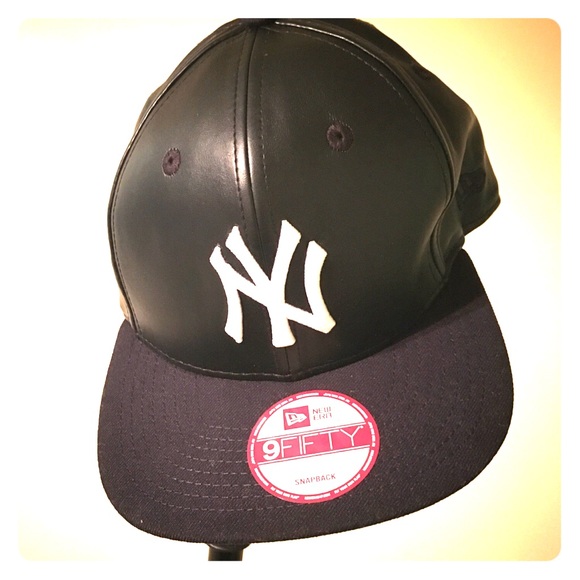 black leather ny baseball cap
