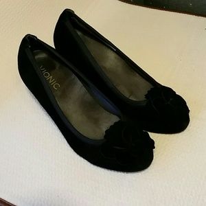 Vionic Orthaheel Black Suede Heeled Wedges