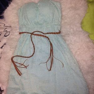 Turquoise strapless lace dress