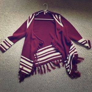 Cozy, long, dark red cardigan