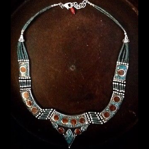 Free People Jewelry - Nepal Turquoise Coral Silver Tibetan Necklace