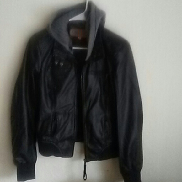 Great faux-leather jacket with knit grey hoodie!