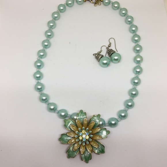 Faux Pearl Light Blue Necklace & Earrings -JW-86 - Picture 3 of 4