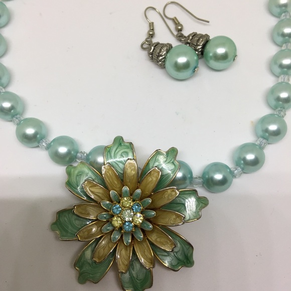 Faux Pearl Light Blue Necklace & Earrings -JW-86 - Picture 4 of 4