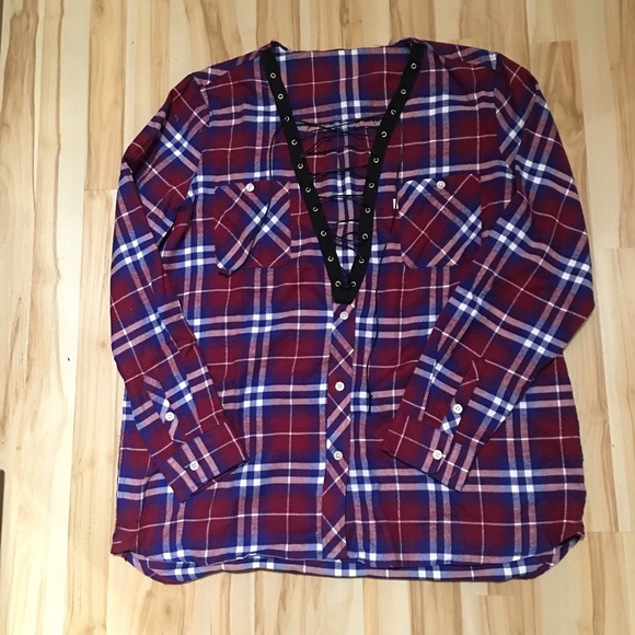 Lace Up Front Flannel Shirt - Picture 2 of 4