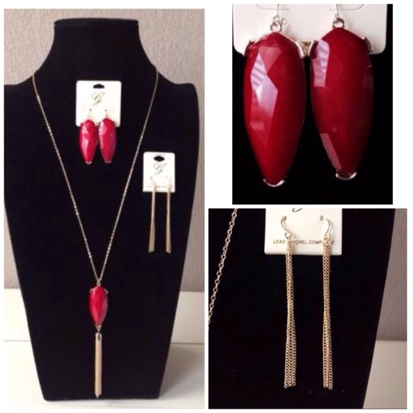 Deep Red Pendant Tassel Necklace & Earrings!