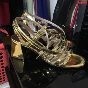 Zara gold block heel strappy sandals ankle shiny