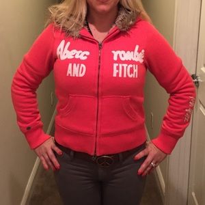 ABERCROMBIE & FITCH coral faux fur sweater