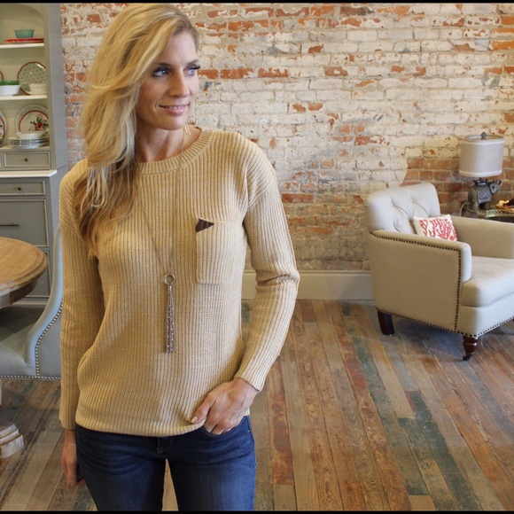 Sweaters - Tan knit sweater with leather trim pocket