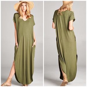 Cut Out Shoulder Maxi Dress Olive Green Size M