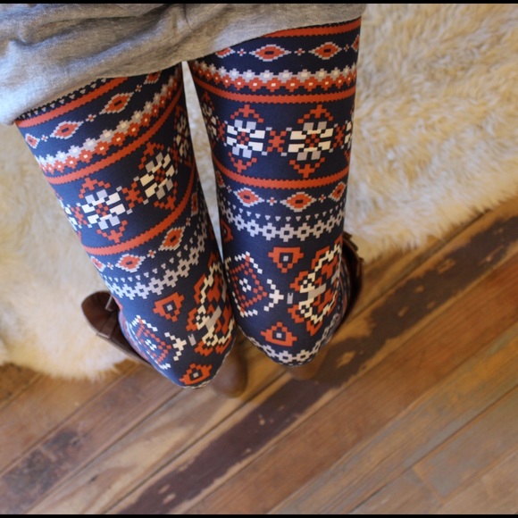 Pants - Navy, orange and light blue printed leggings