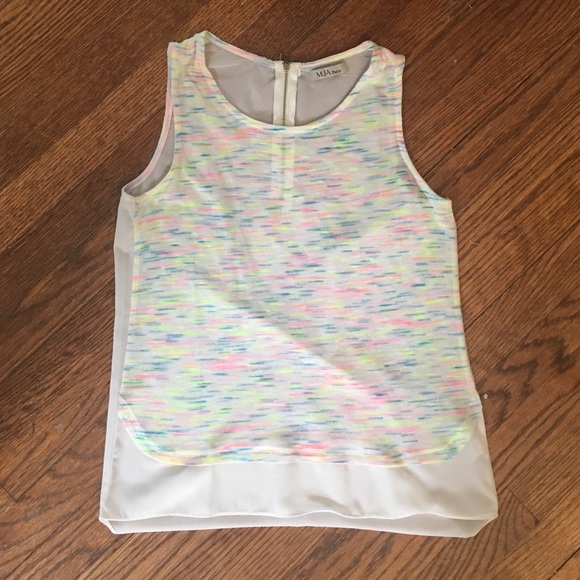 White base with pink yellow and blue sewn stripes