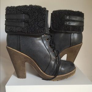 Faux leather ankle booties w/ faux shearling