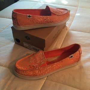 Coral/orange sperry slip ons