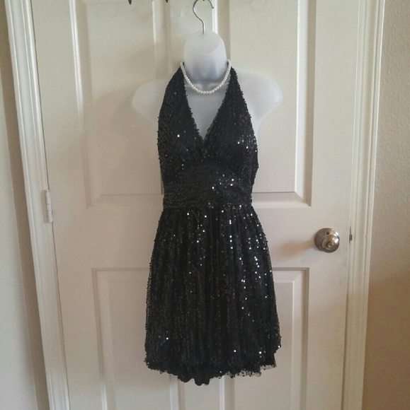 Black Sequin Halter Dress