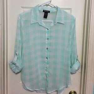Mint Green Plaid Sheer Button Down