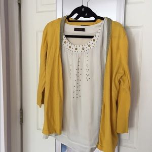 Yellow sweater and ivory blouse