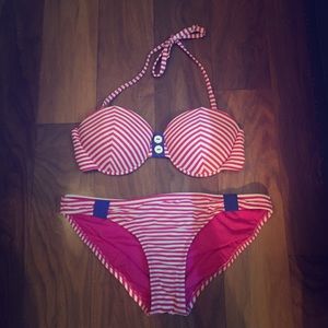 NWOT Pink & White Striped Bikini with Buttons L-XL