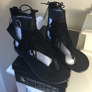 Forever 21 | Leather Look Black Fringe Sandals