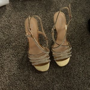 Strappy, gold, rhinestone heels