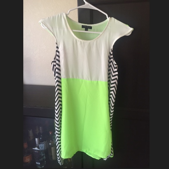 Neon, green, striped summer dress small 6