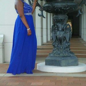 Blue Halter Back Prom Dress