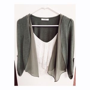 Olive Cardigan + White Lace Crop Top