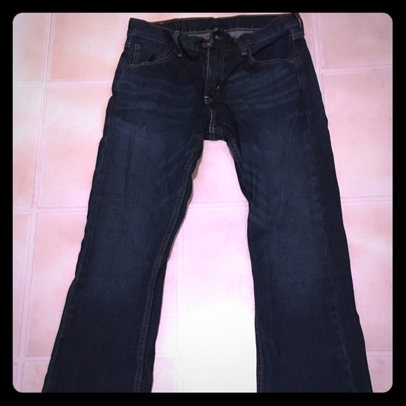 Levi's dark wash straight leg jeans.