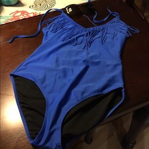 MUST GO Deep V Blue Fringe One Piece Swimsuit