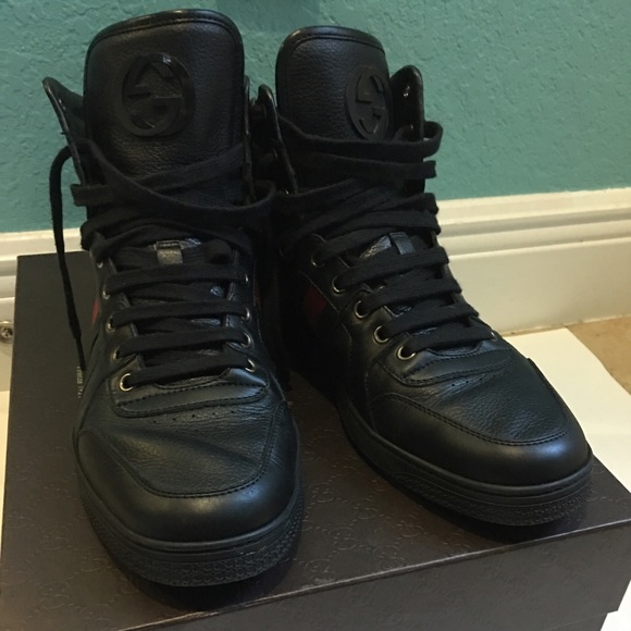 Gucci Black Leather High-Top Sneakers Size 8