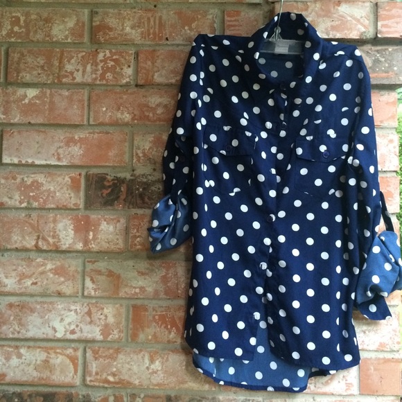 100% polyester navy & polka dot blouse