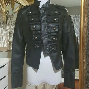 Black military style faux leather jacket.