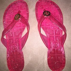 Tory burch pink glitter flip flops