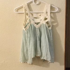 Free People Light Blue and Cream/White Tank Top