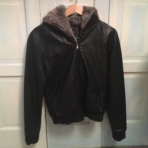 Hot black leather jacket with fur hoodie