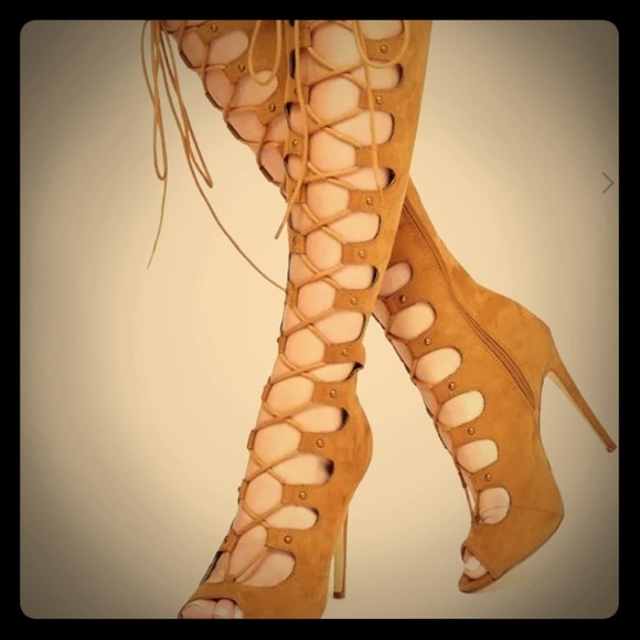 Knee high lace up open toe sandal boots