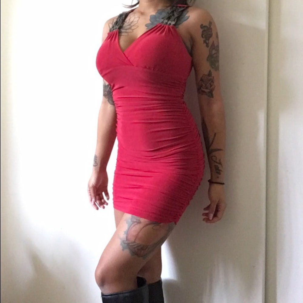 Red body con dress and matching bracelet