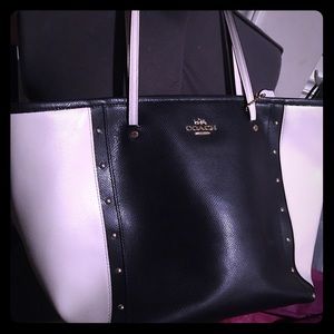 Coach city zip tote, navy, white with gold accents