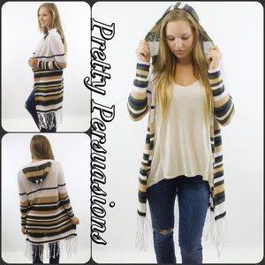 Hooded Striped Fringe Hem Boho Maxi Cardigan