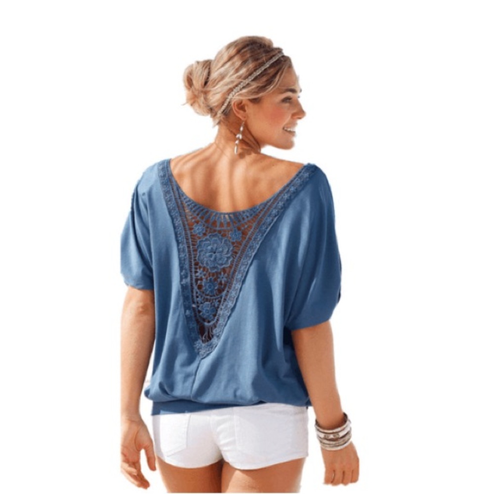 Crochet Appliqué Tee Back Short Sleeve Blouse