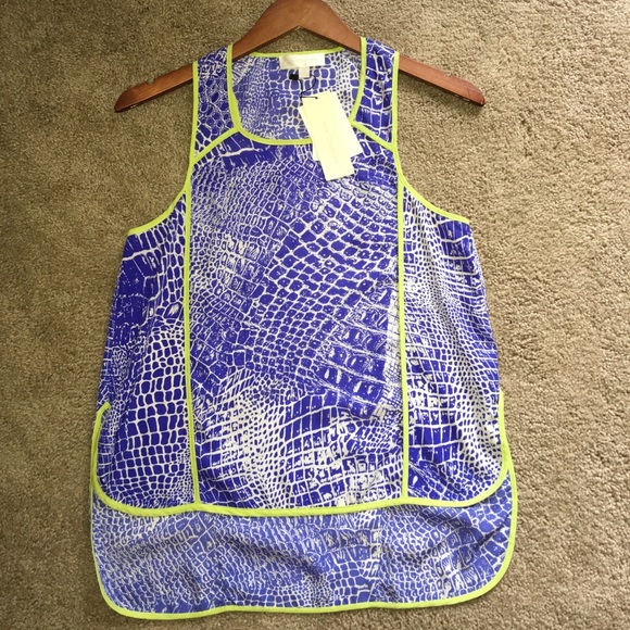 MM Couture Blue/Neon Green Hi-Low Racerback Blouse