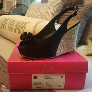 Candies Black Peeptoe Wedges