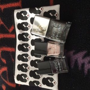 Three nail polishes and a free bag