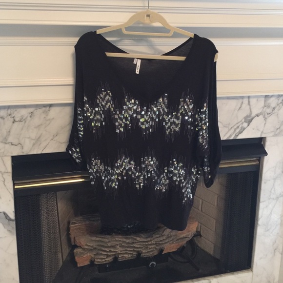 Black Cold Shoulder Top with Silver/Gray Sequins