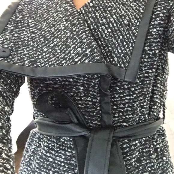 Faux leather/tweed jacket with tie waist, XS. - Picture 1 of 4