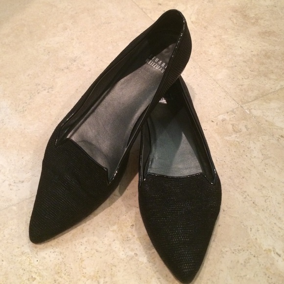 Black Embossed Stuart Weitzman Pointed Toe Flats - Picture 1 of 2