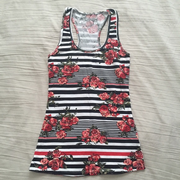 Black white & red striped racerback with red roses