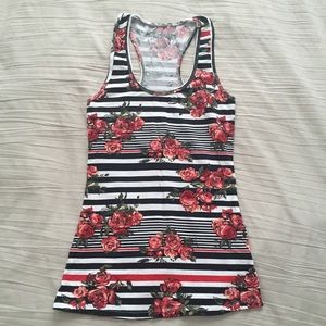 Black white & red striped racerback with red roses