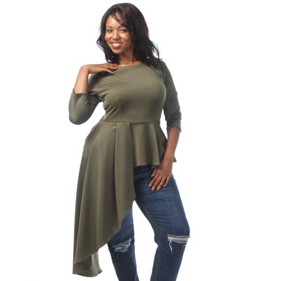 Plus Size 3/4 Sleeve Side Cascade Peplum Top
